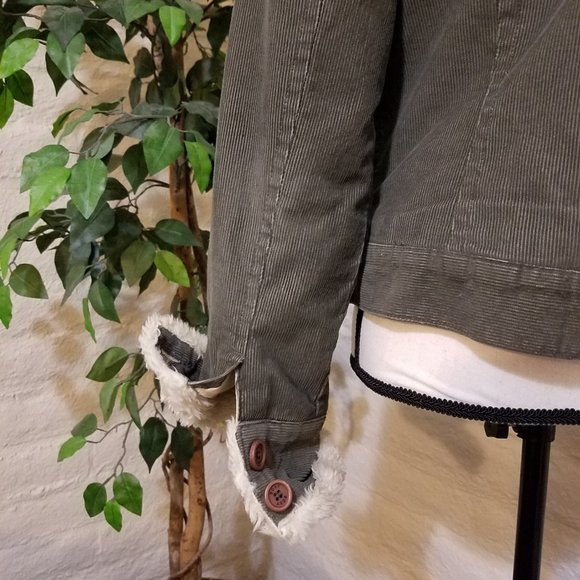 Vintage Roxy Corduroy Coat Juniors Medium Jacket Cotton Fur Green Button Down - Picture 6 of 7